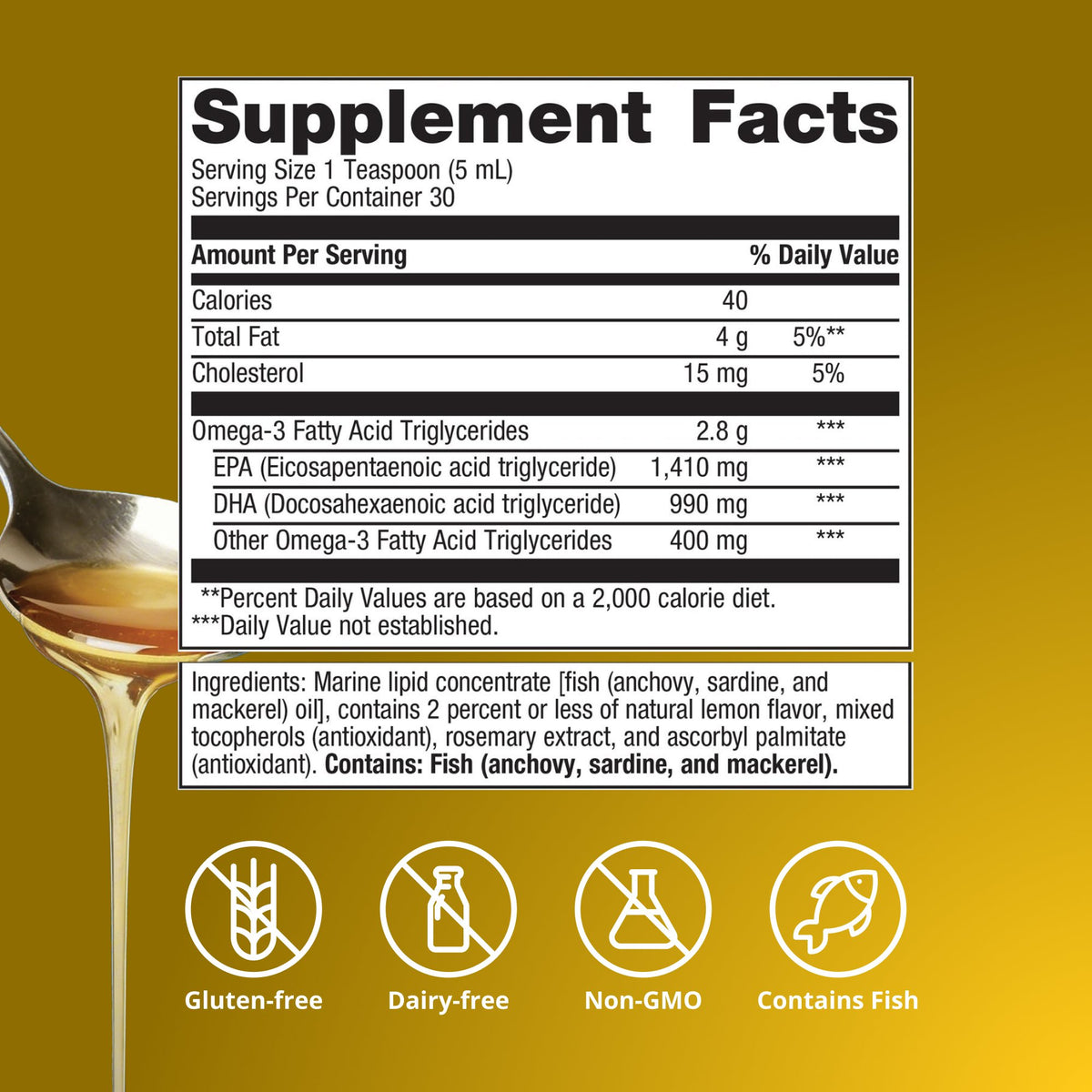 OmegaGenics® 5-in-1 Liquid Fish Oil 2400 mg EPA-DHA Supplement Facts