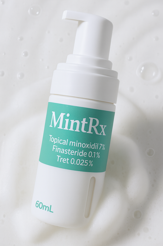 MintRx Hair Loss topical medication bottle on a textured white background